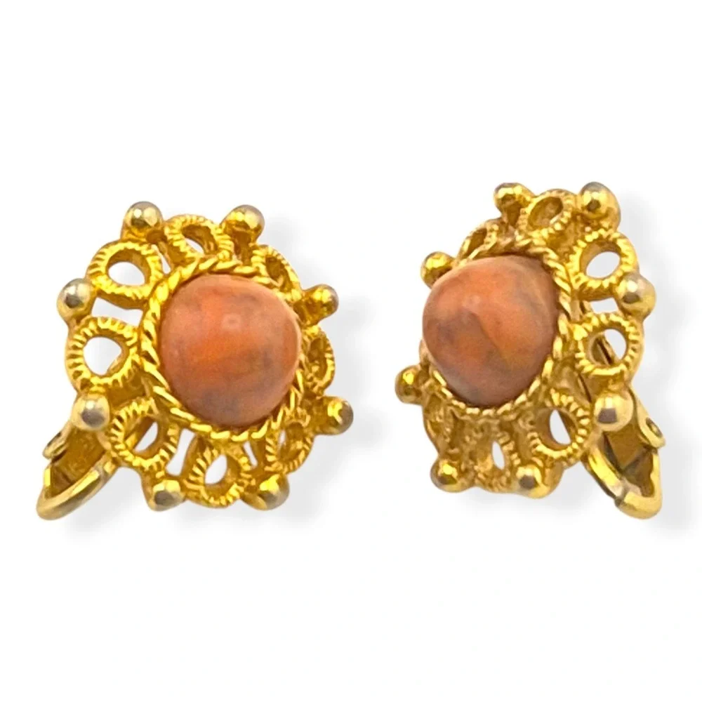 Vintage Sarah Coventry Valencia Brooch & Earrings Set 1970s Faux Coral Gold Tone